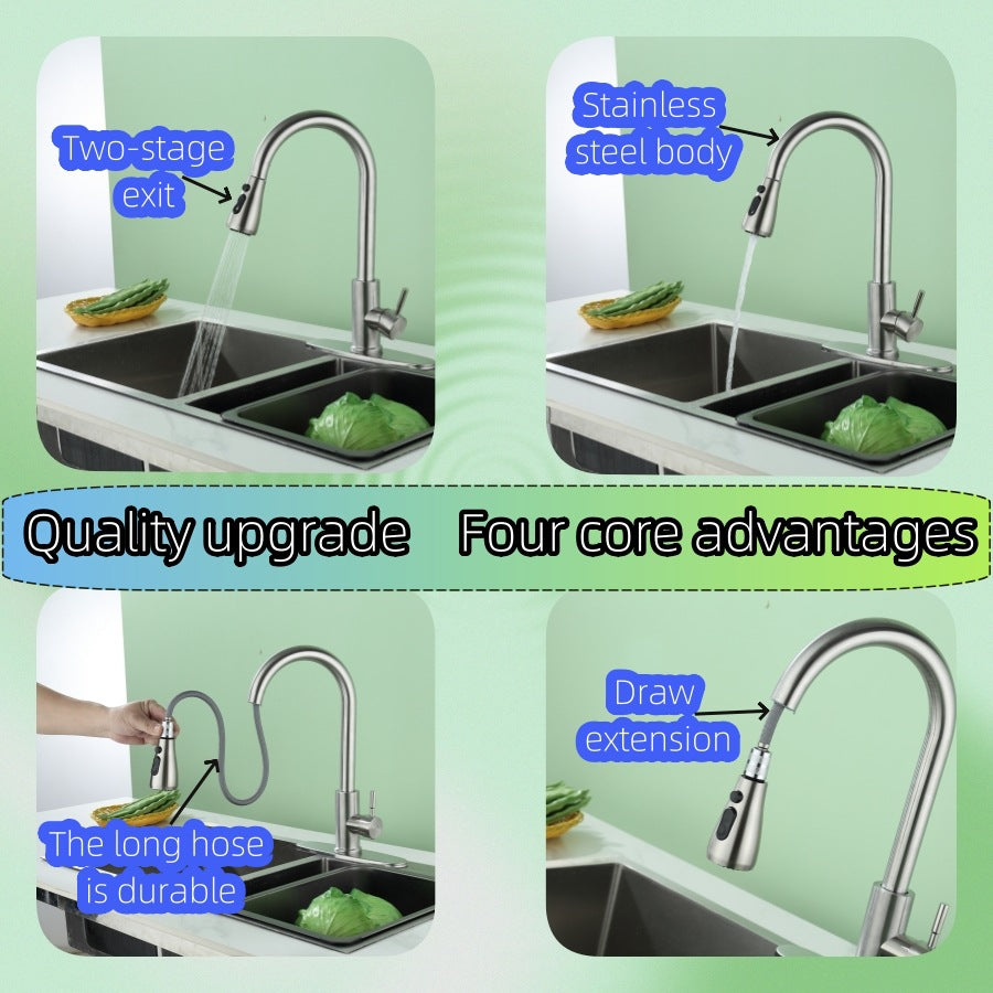304 Stainless Steel Pull-Out Kitchen Faucet with Dual Outlet