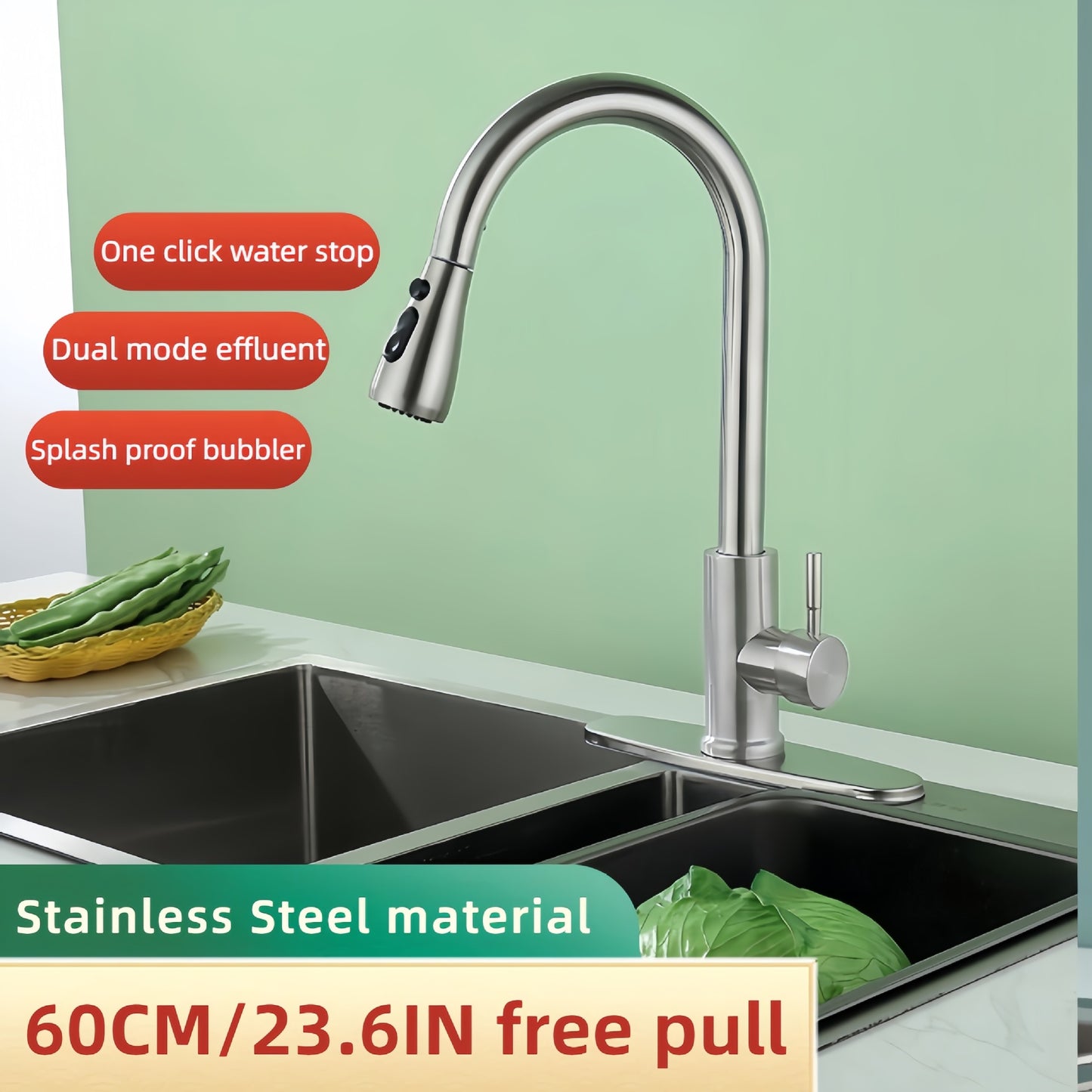 304 Stainless Steel Pull-Out Kitchen Faucet with Dual Outlet